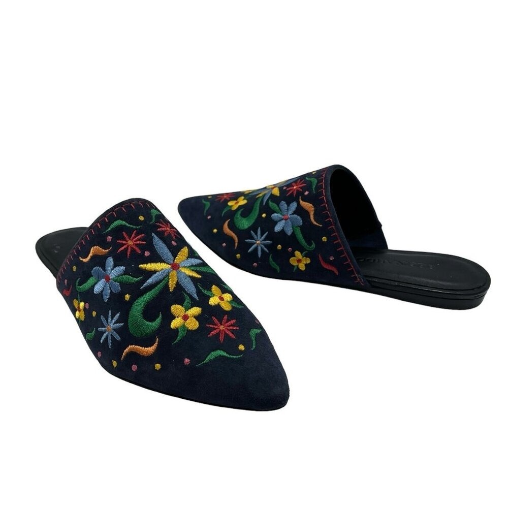Bernardo Mules Allie Blue Suede Slip On Embroidered‎ Floral Size 5 Boho Artsy